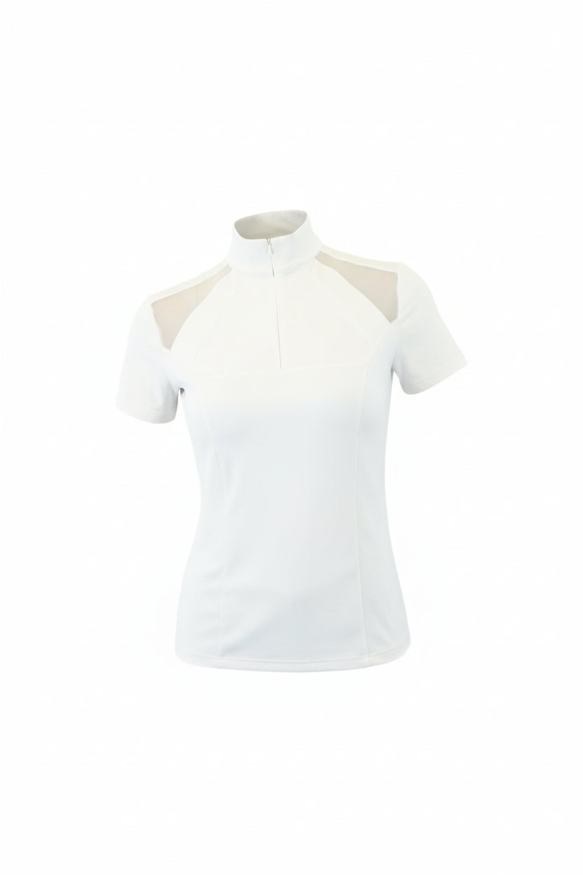 white polo shirt with mesh panels on a white background