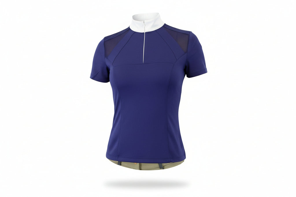 blue short-sleeve top with a white collar on a white background