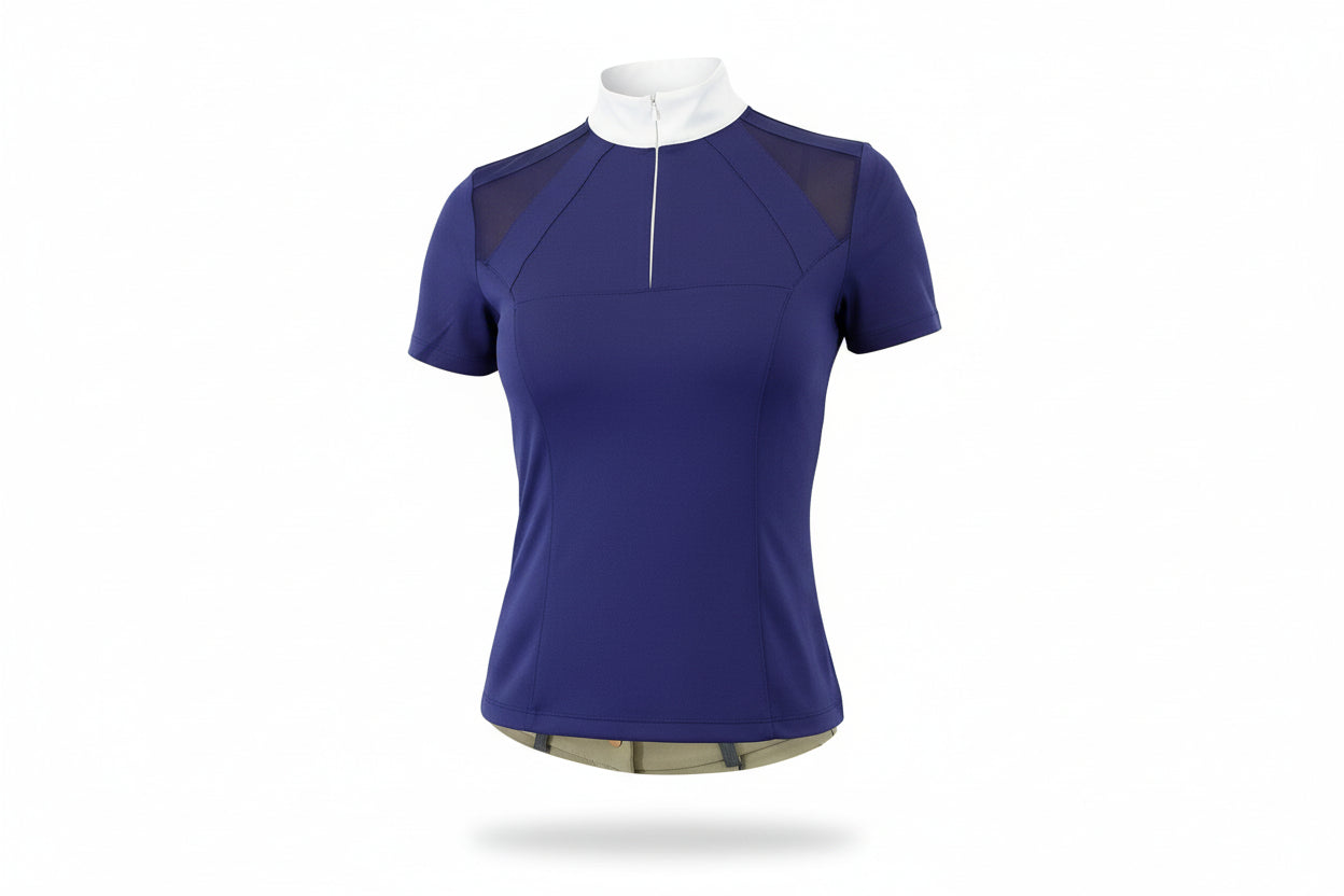 blue short-sleeve top with a white collar on a white background