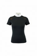 black short-sleeve top with a white collar and beige pants on a white background