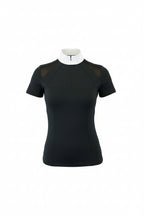  black short-sleeve top with a white collar and beige pants on a white background