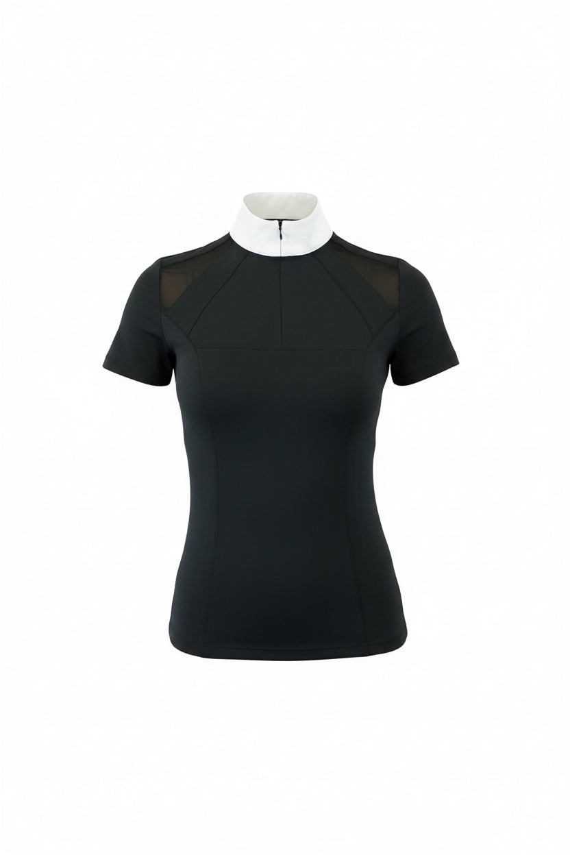 black short-sleeve top with a white collar and beige pants on a white background
