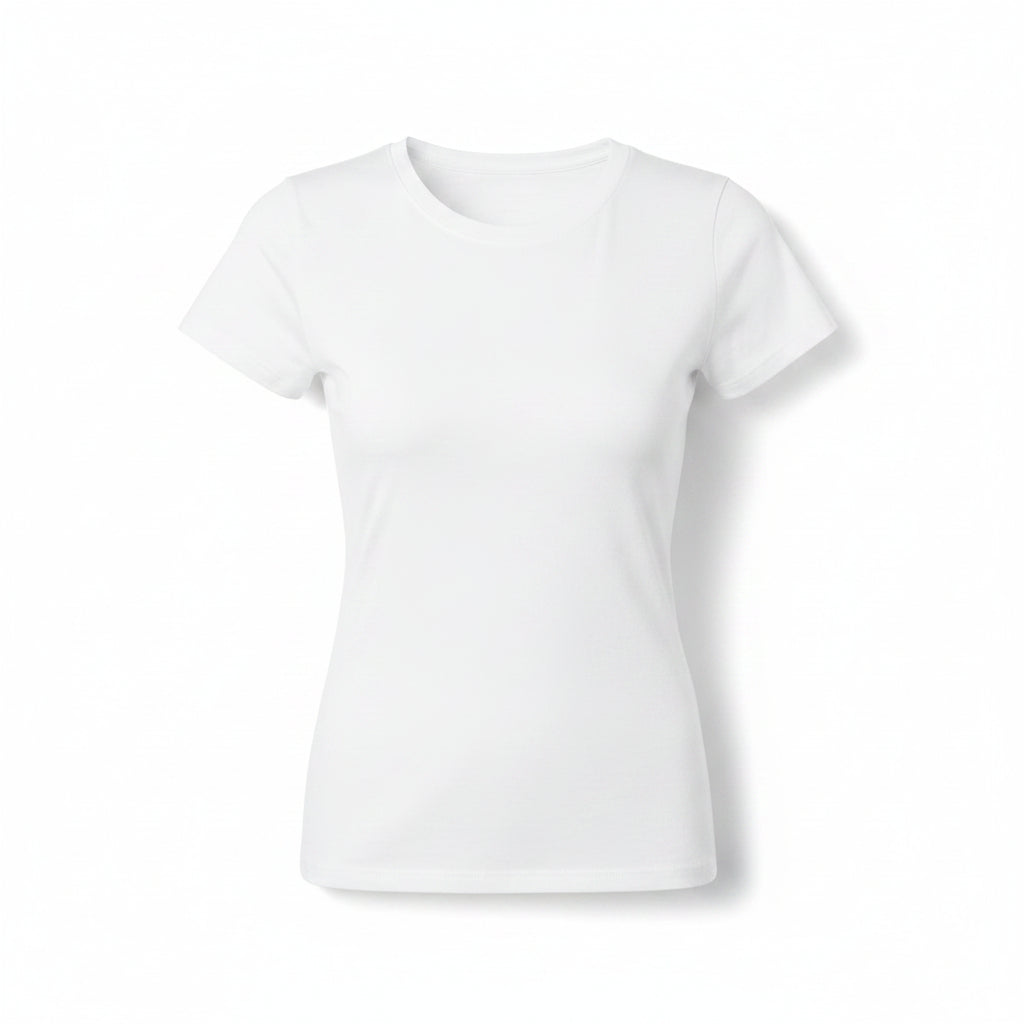 Woman wearing a white t-shirt and beige pants on a white background
