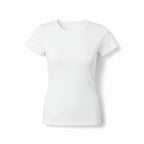 Woman wearing a white t-shirt and beige pants on a white background