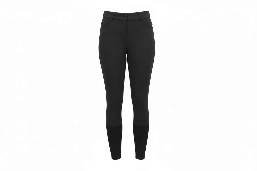 black riding pants with a white shirt on a white background