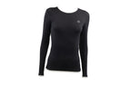 black long-sleeve top with a logo on a light gray background