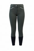 Dark green riding pants with black ankles on a white background