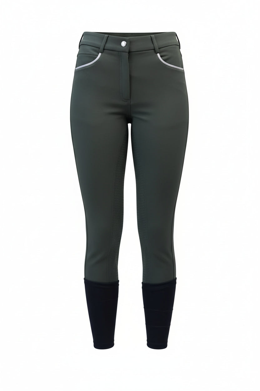 Dark green riding pants with black ankles on a white background