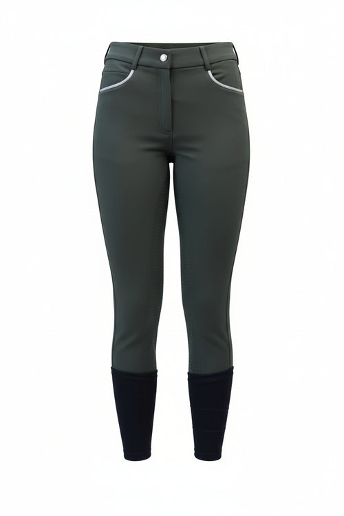 Dark green riding pants with black ankles on a white background