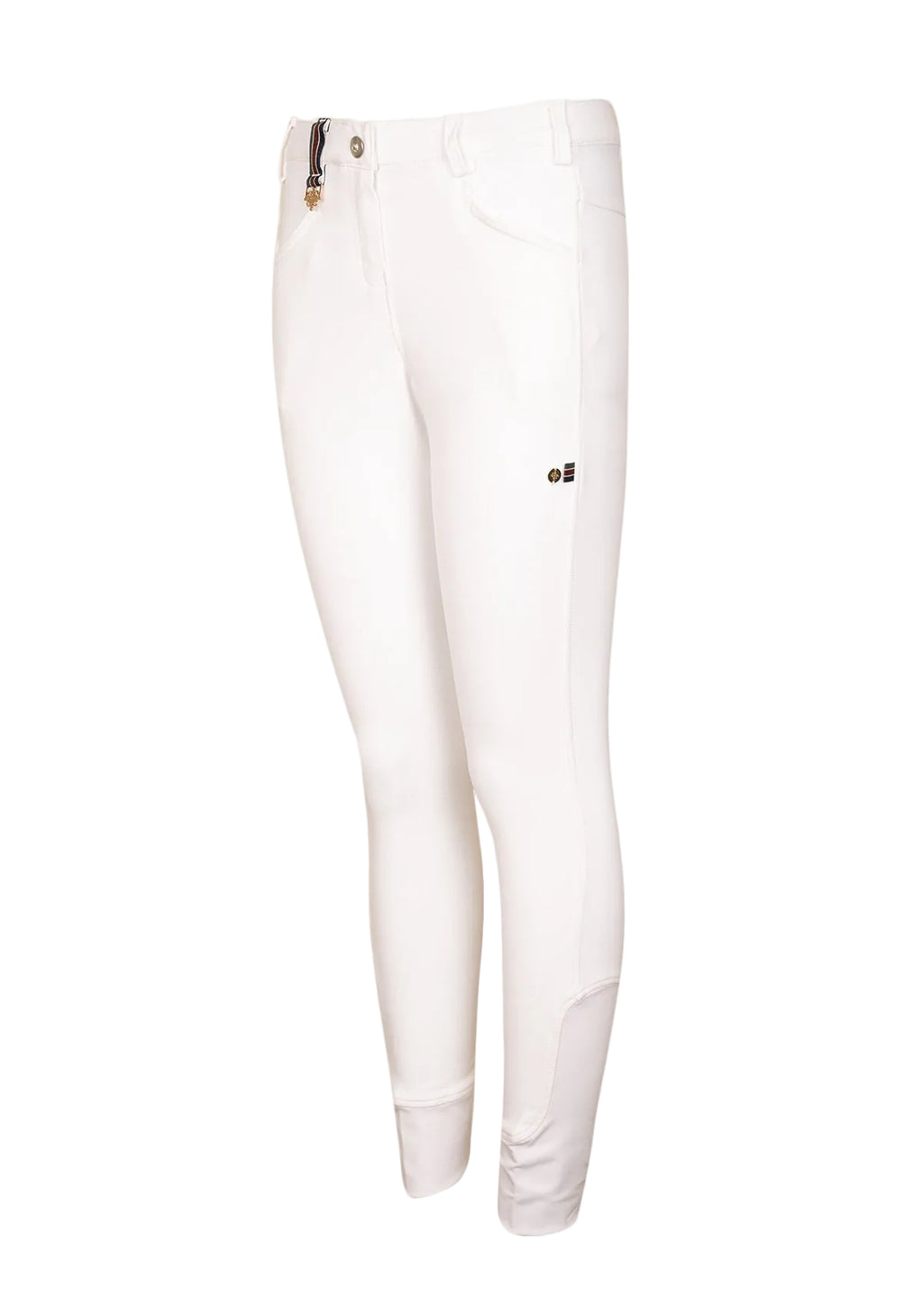 White riding pants with a brand logo on a white background