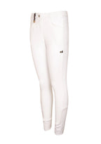 White riding pants with a brand logo on a white background