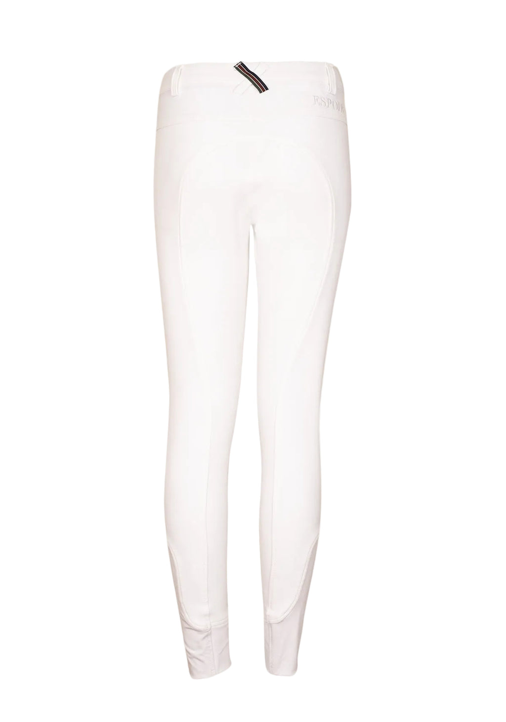 White breeches with a small black logo on a white background
