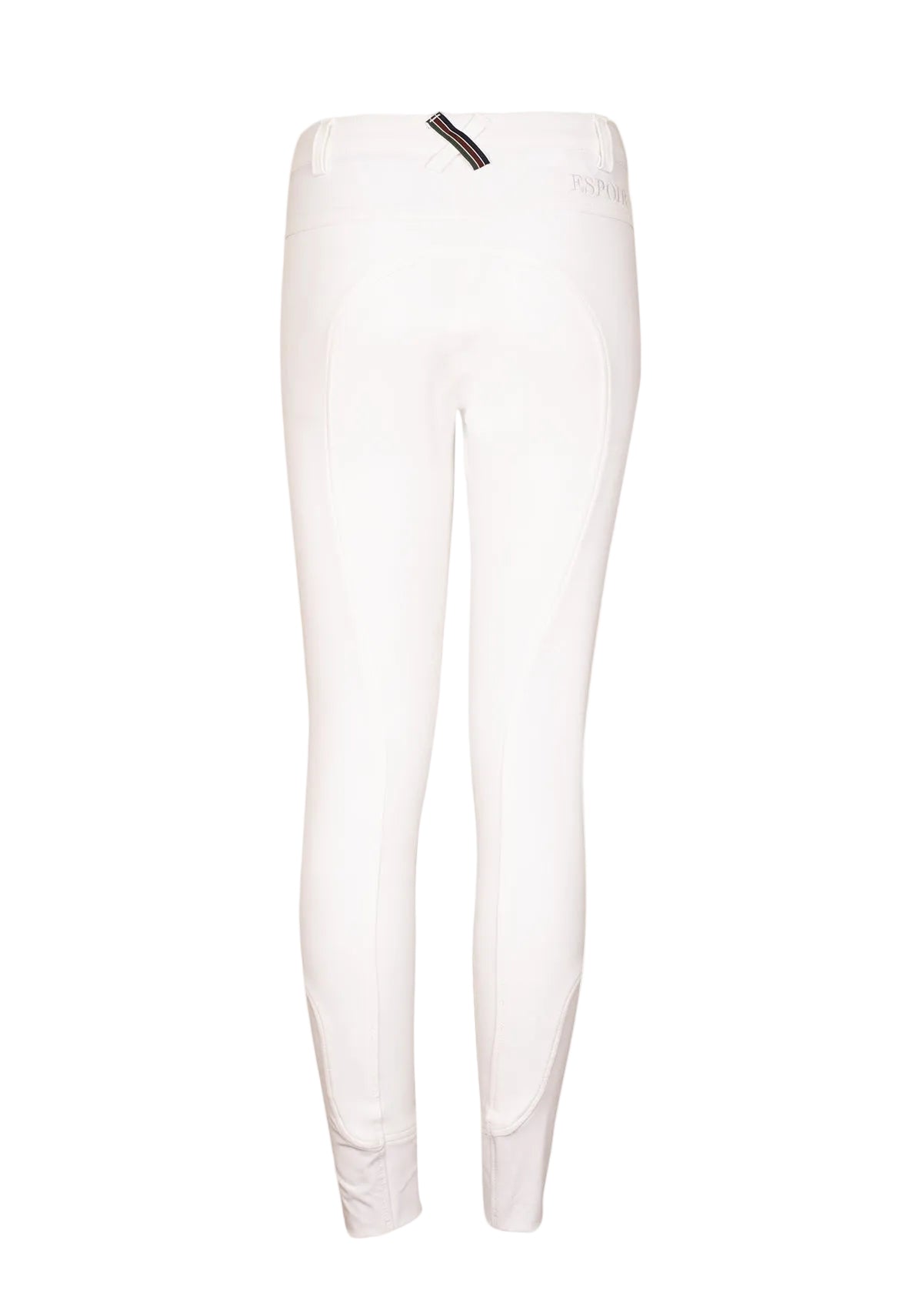 White breeches with a small black logo on a white background