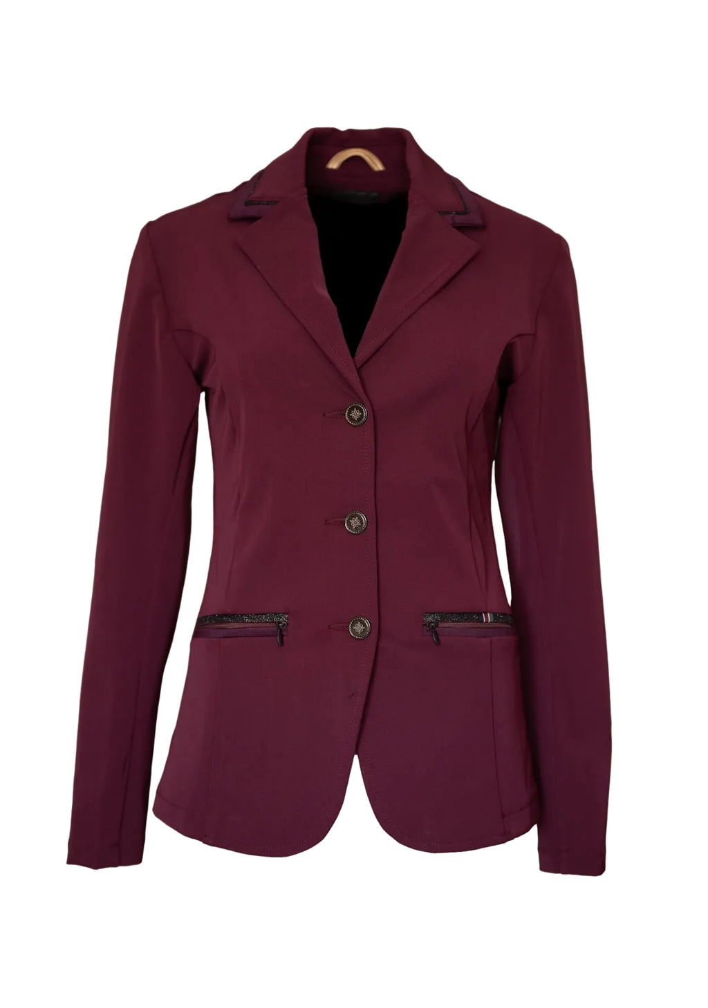 Maroon blazer with black zippers on a beige background