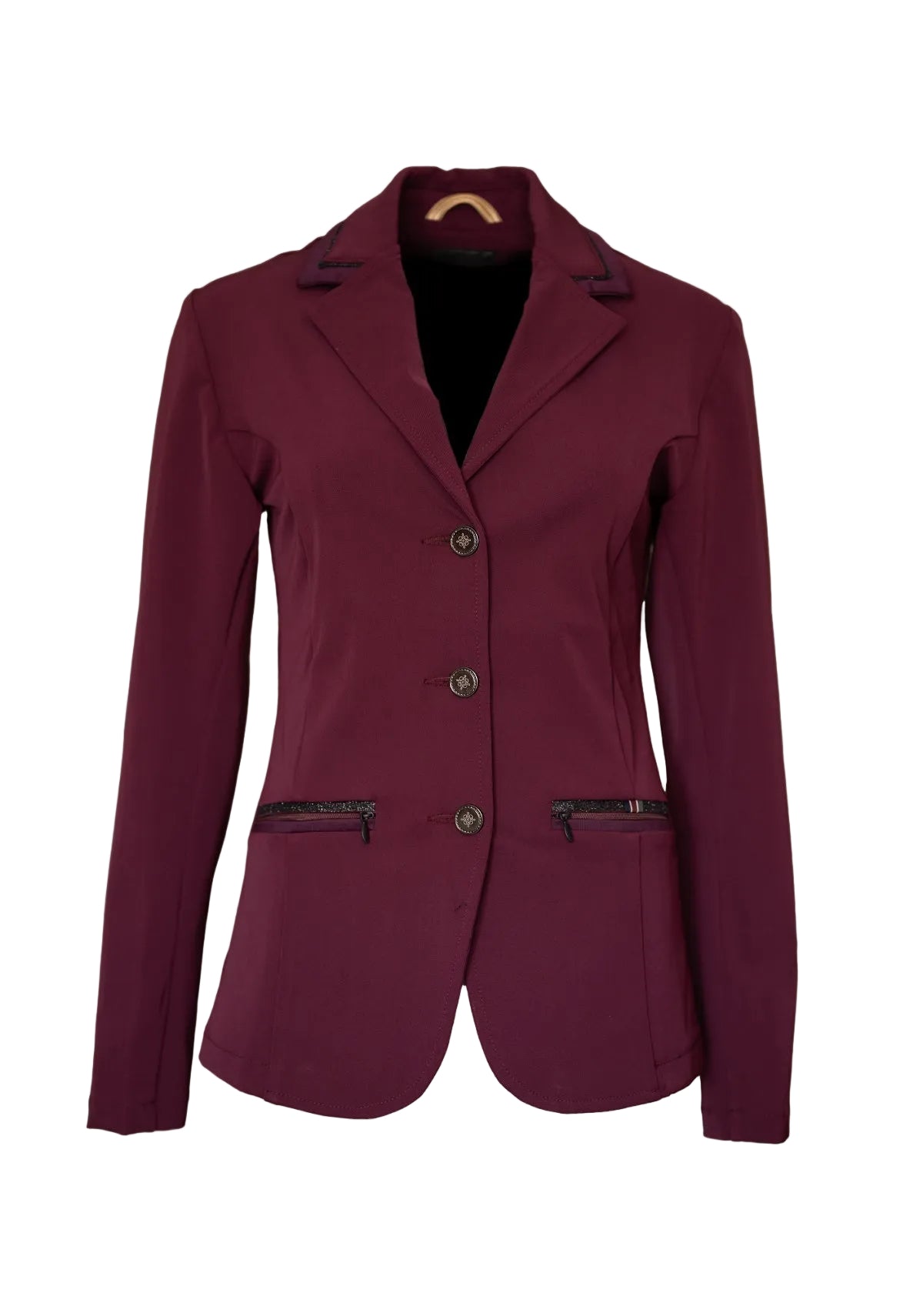 Maroon blazer with black zippers on a beige background