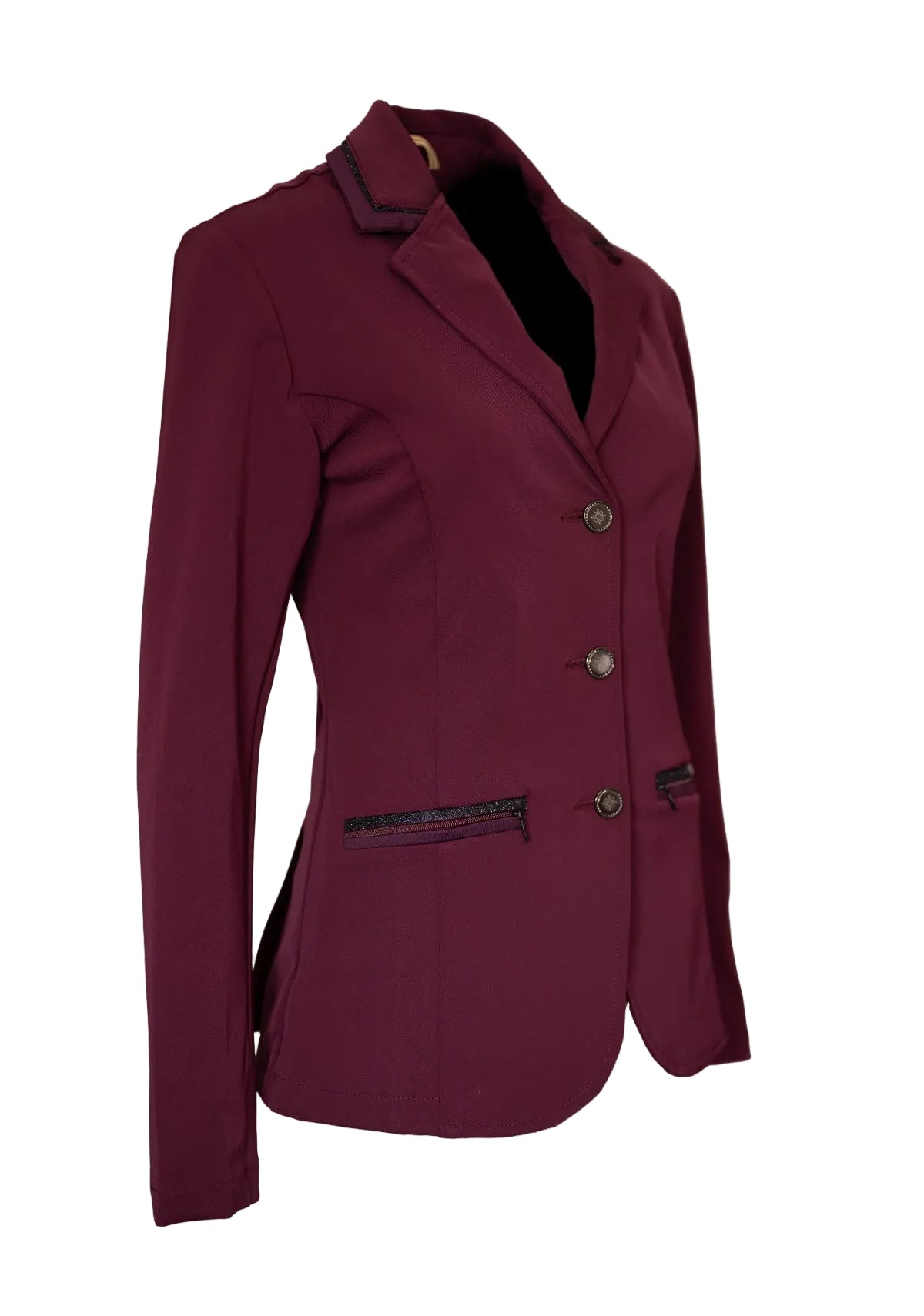 Maroon blazer with black accents on a beige background