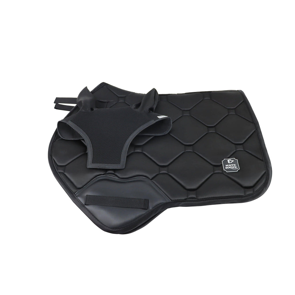 Black quilted saddle pad with girth strap on a white background