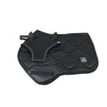 Black quilted saddle pad with girth strap on a white background