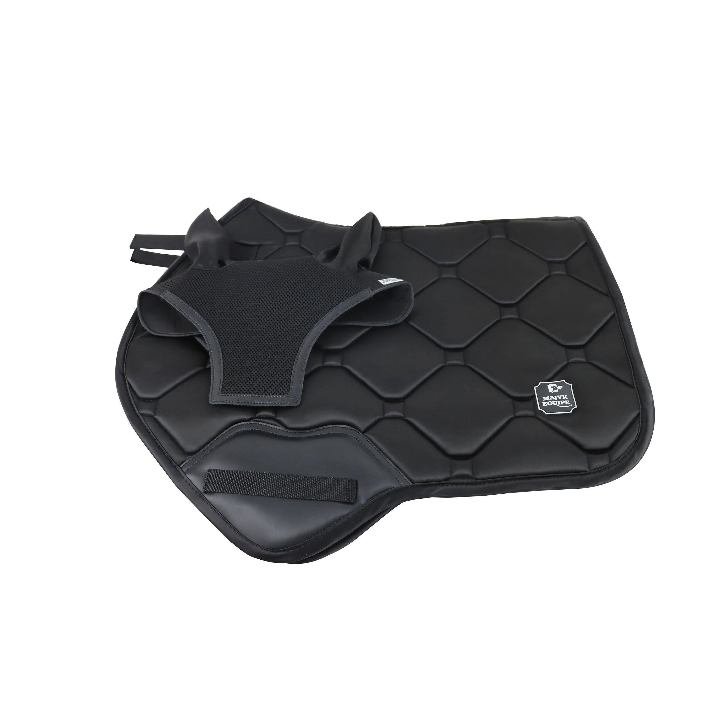 Black quilted saddle pad with girth strap on a white background
