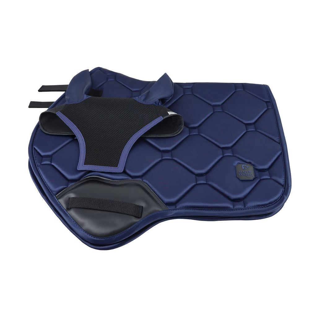 Blue equestrian saddle pad with black accents on a white background