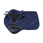 Blue equestrian saddle pad with black accents on a white background