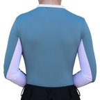 Blue long-sleeve top with white sleeves on a white background
