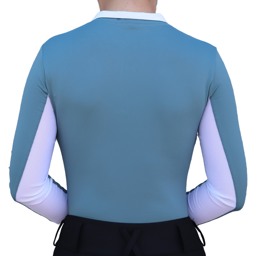 Blue long-sleeve top with white sleeves on a white background