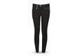 Black riding pants with a brand logo on a beige background