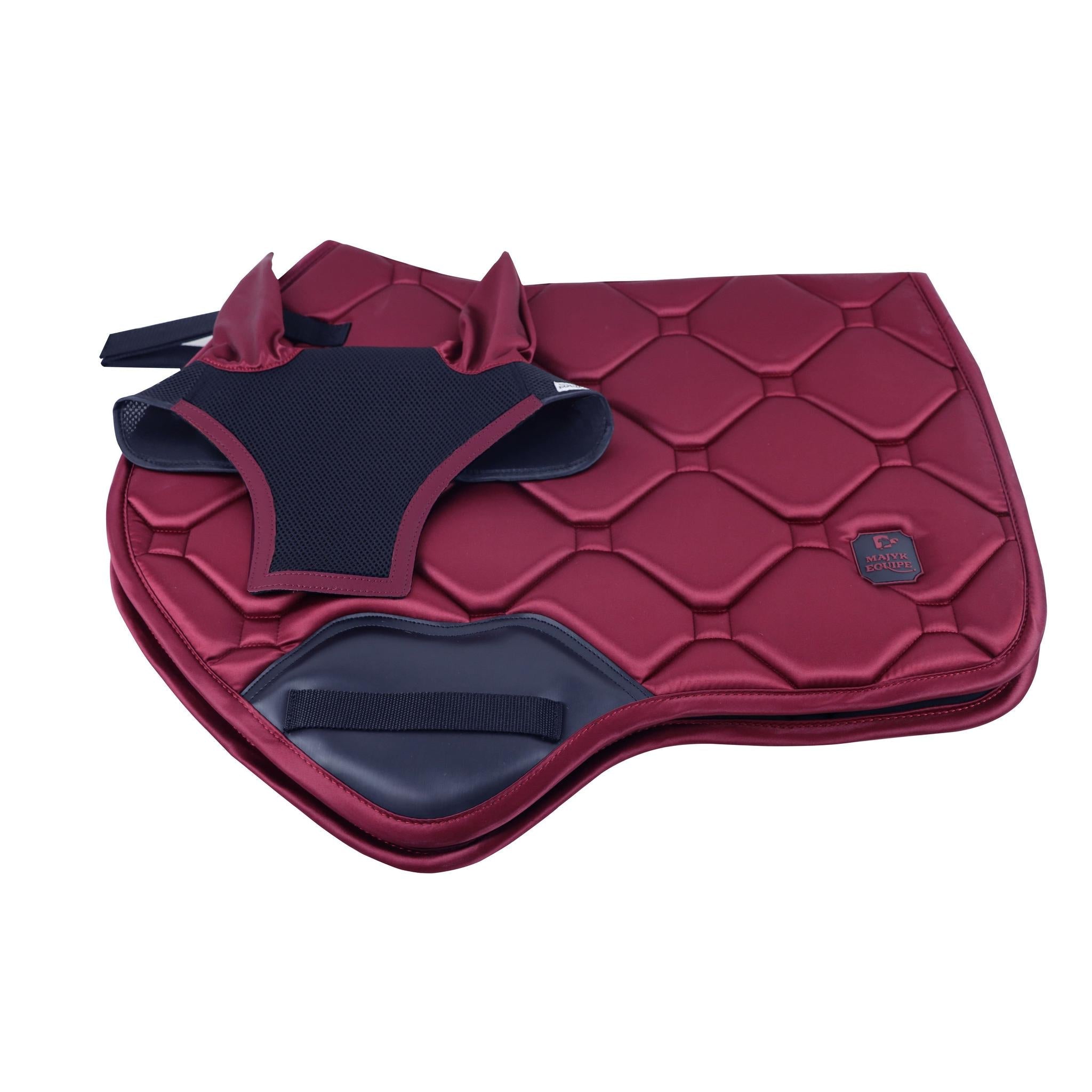Red equestrian saddle pad with black girth strap on a white background