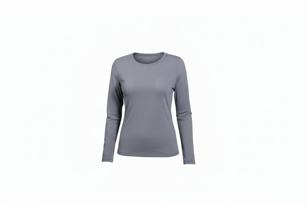 gray long-sleeve athletic top with perferated fabric 