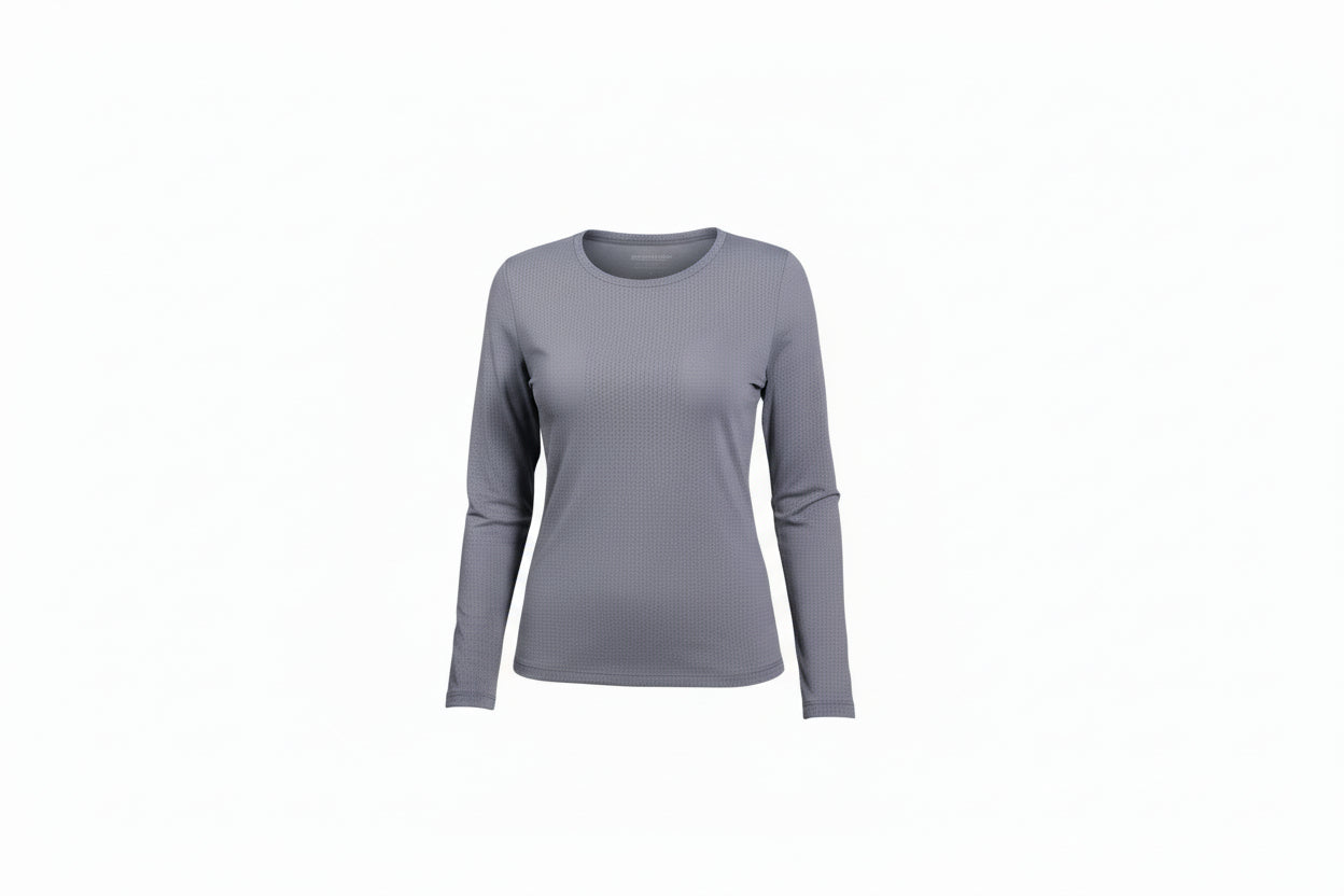 gray long-sleeve athletic top with perferated fabric 
