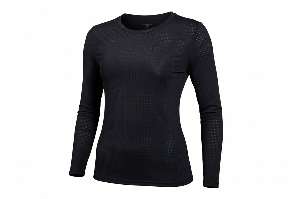 black long-sleeve athletic top with perferated fabric