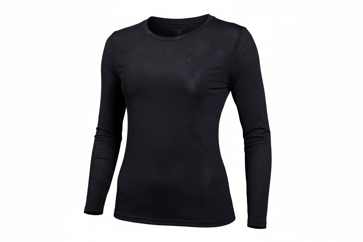 black long-sleeve athletic top with perferated fabric