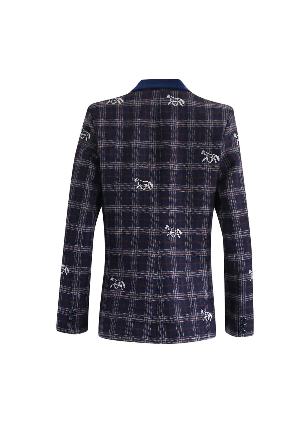 Navy plaid blazer with embroidered designs on a white background
