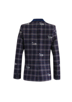 Navy plaid blazer with embroidered designs on a white background