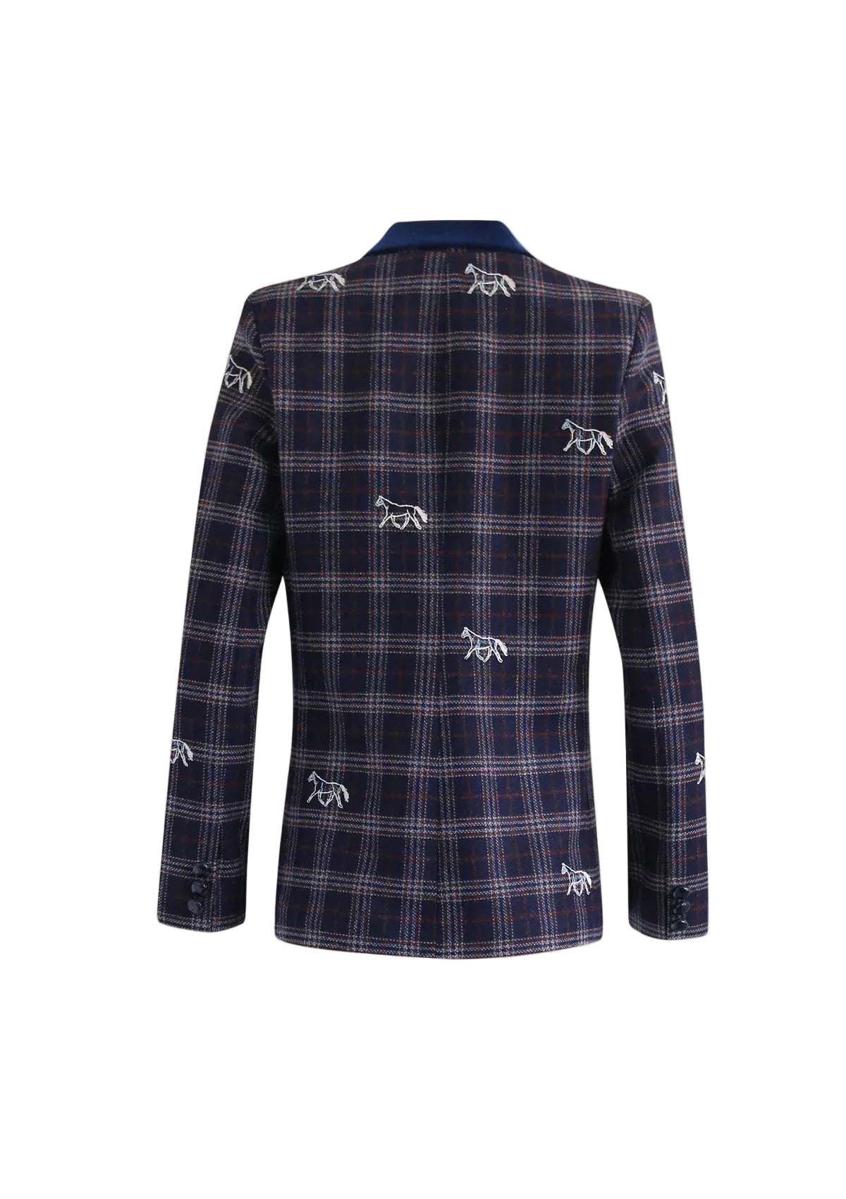 Navy plaid blazer with embroidered designs on a white background