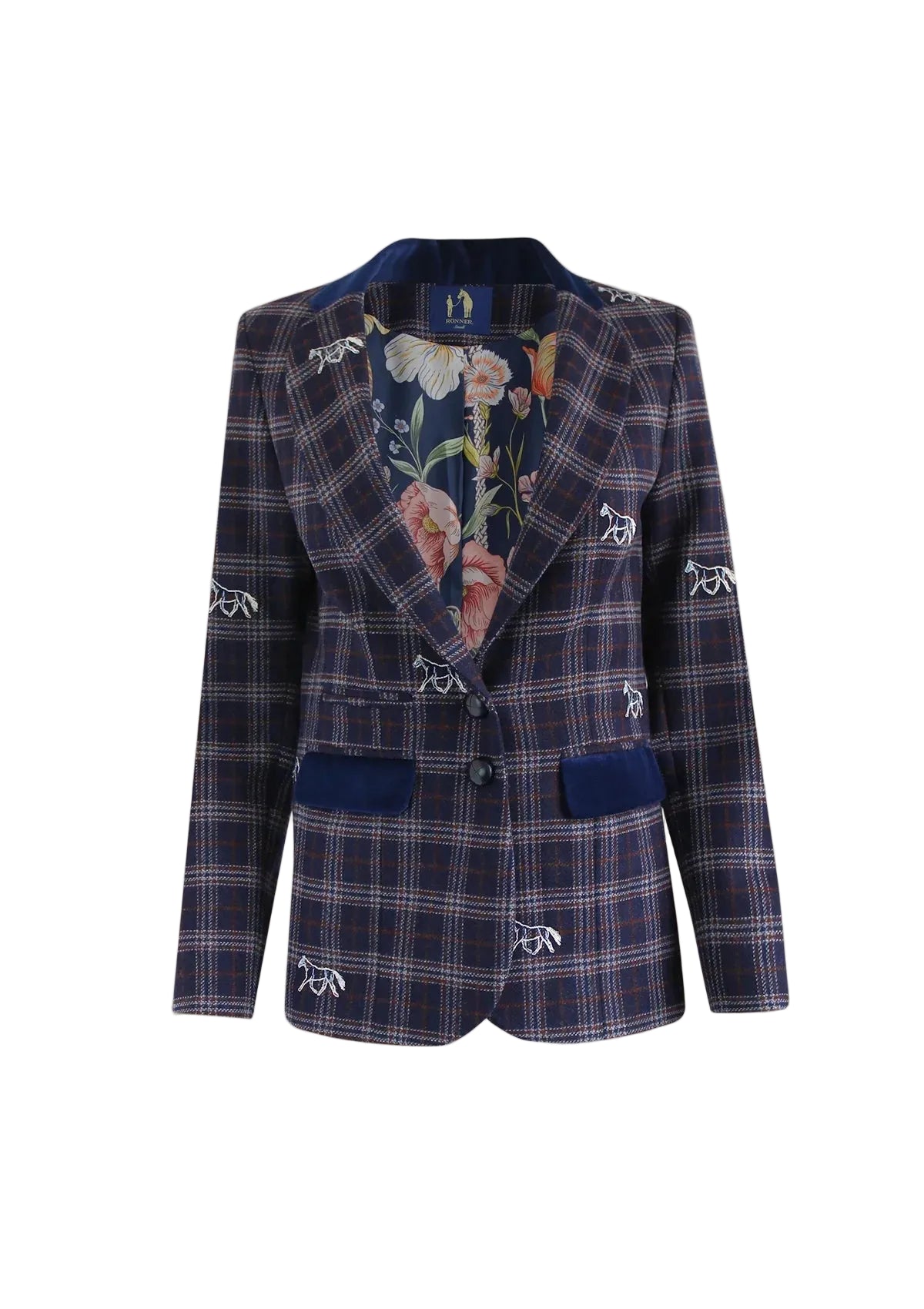 Plaid blazer with floral pattern inside on a beige background
