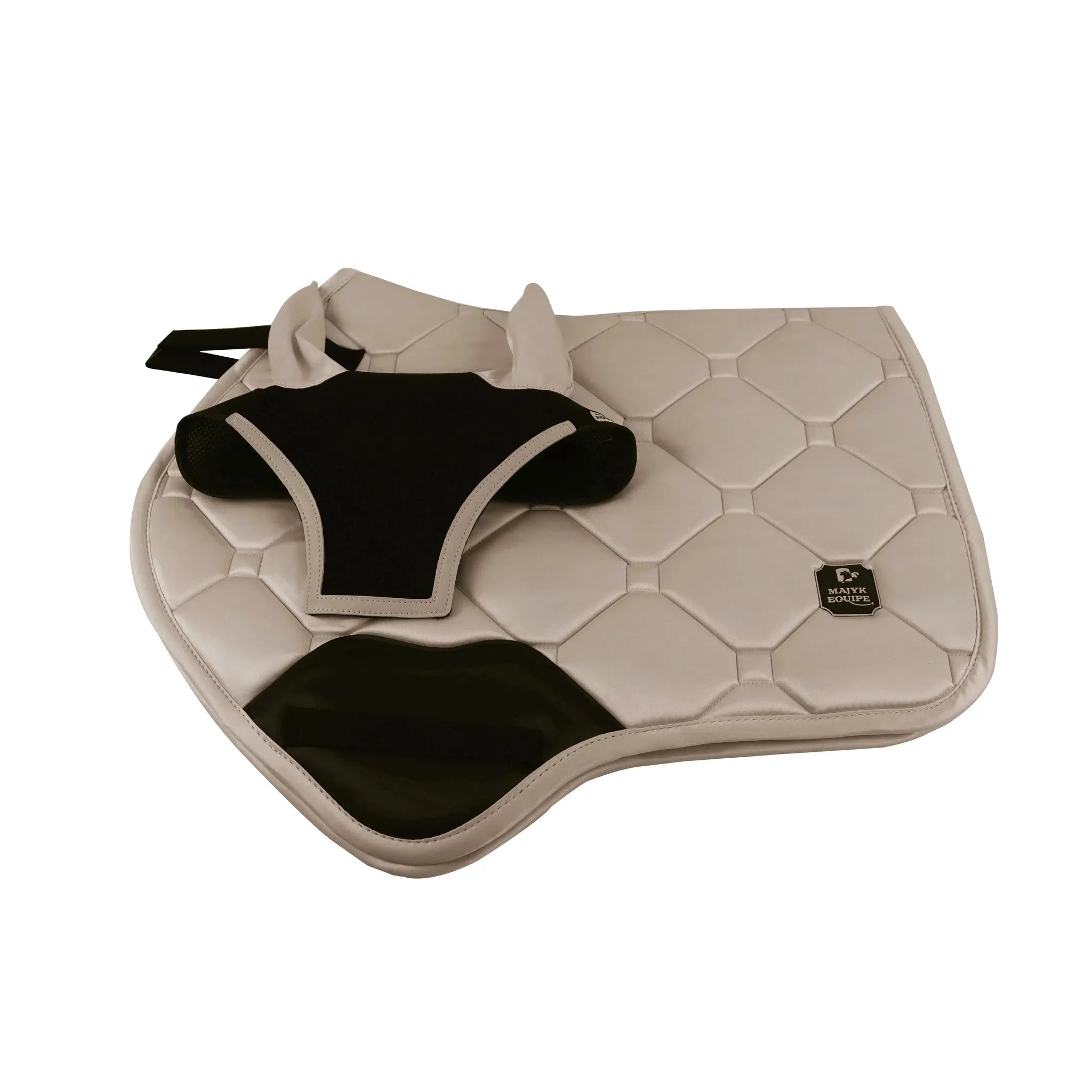 Beige and black saddle pad on a white background