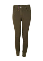 Green pants with a striped belt on a beige background