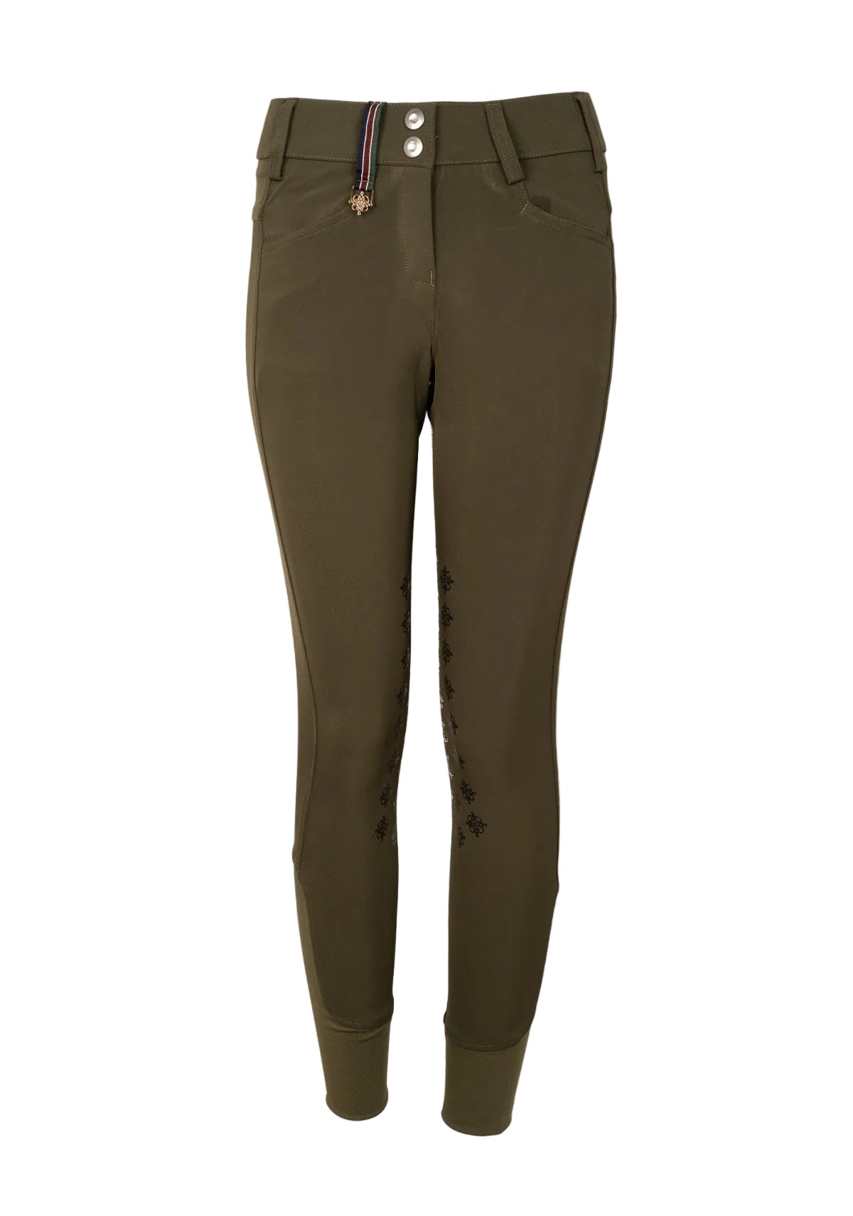 Green pants with a striped belt on a beige background