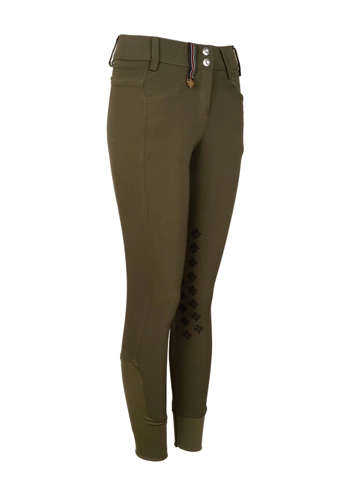 Green riding pants with buttons on a beige background