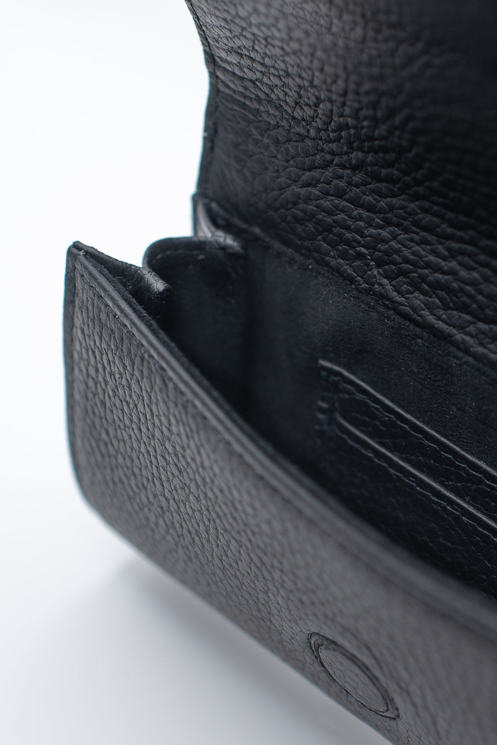 Close-up of a black leather wallet on a white background