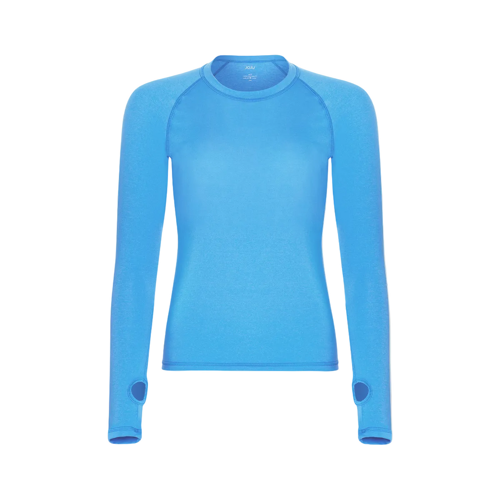 Blue long-sleeve shirt on a light gray background