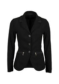 Black blazer with silver buttons on a white background