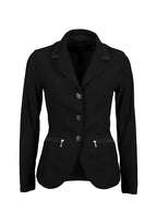 Black blazer with silver buttons on a white background