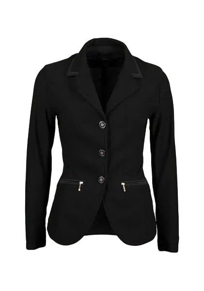 Black blazer with silver buttons on a white background