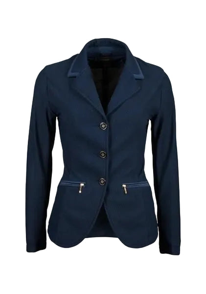 Navy blue blazer with button details on a beige background