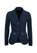 Navy blue blazer with button details on a beige background