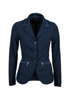 Navy blue blazer with button details on a beige background