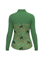 Green long-sleeve shirt with floral pattern and horse designs